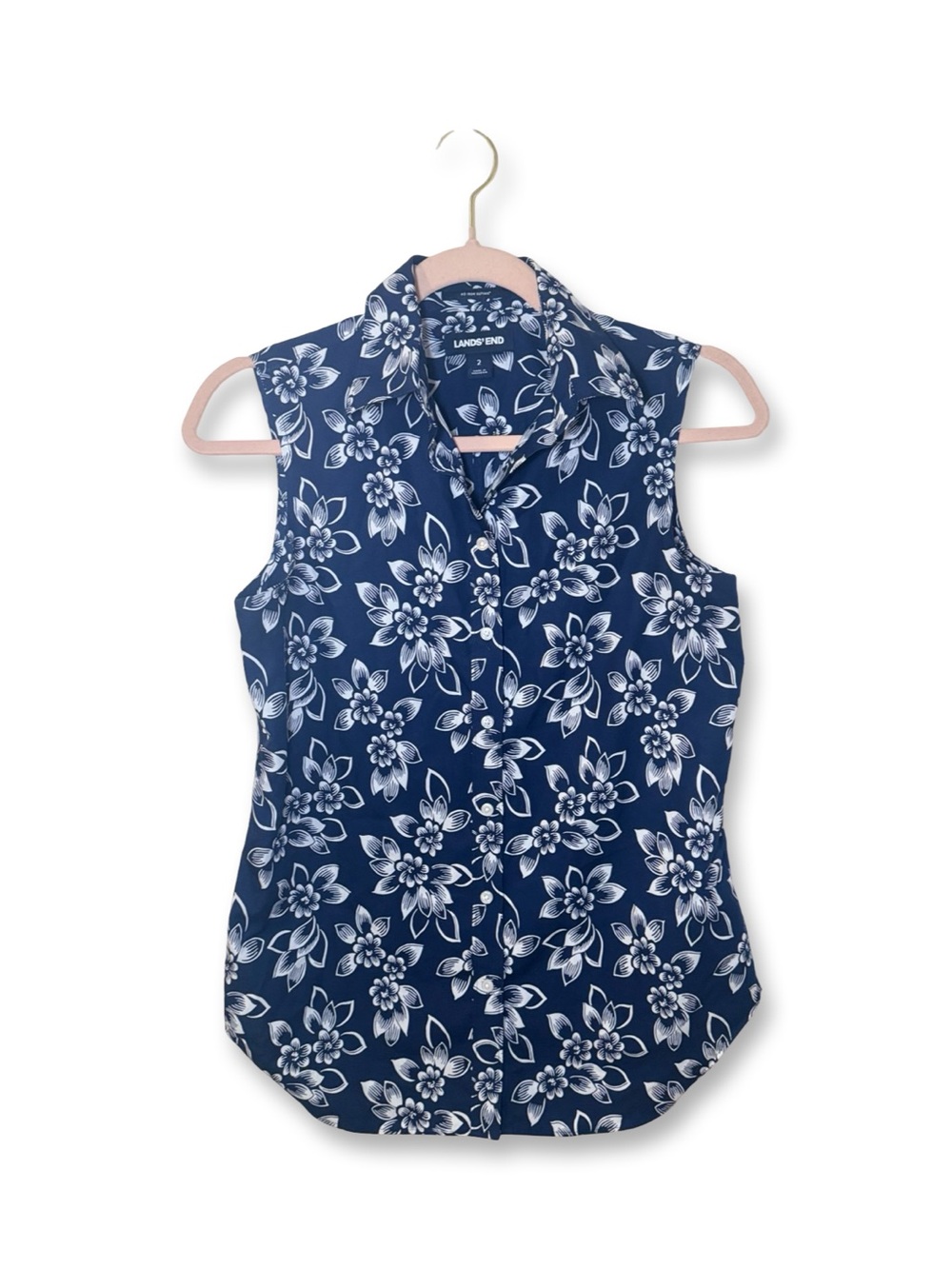 Lands' End Navy and White Floral Sleeveless Button-Down Shirt